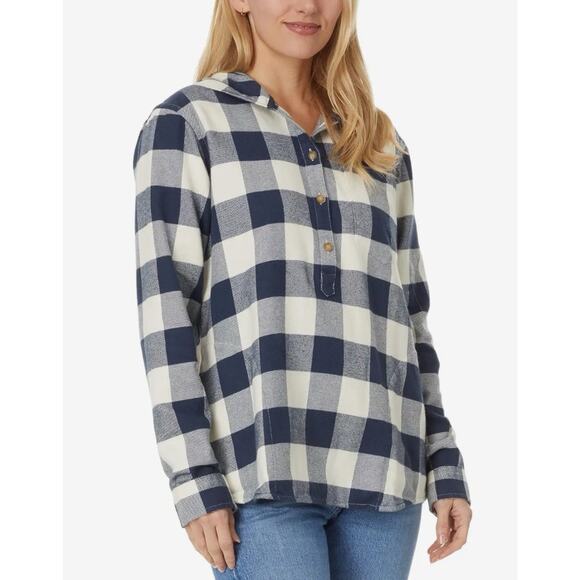 L.L.Bean Women’s Soft-Brushed Midweight Flannel Hoodie Navy Henley Cozy Fall XSP - Picture 7 of 12